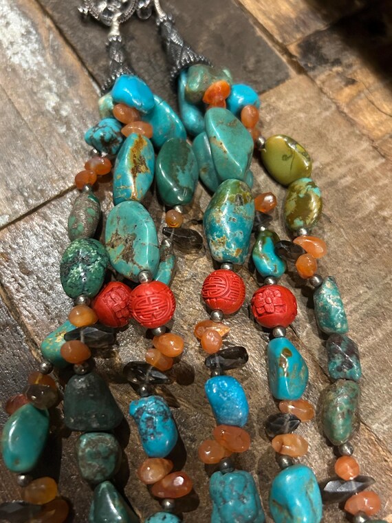 Turquoise? and other stones beaded 3 strand neckl… - image 7