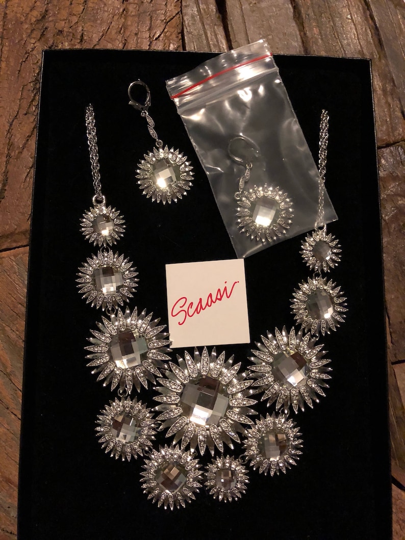 Signed Scaasi runway designer vintage silver tone flower necklace and matching earrings with clear rhinestones in original box