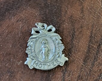 Beautiful Vintage Sterling Miraculous Medal "Mother" Pendant, Ornate Virgin Mary Medal, "I am a Mother of a Nun," Floral Miraculous Medal