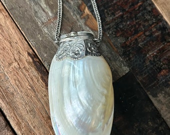 Victorian mother of pearl & silver? seashell perfume scent vinaigrette snuff chatelaine bottle with chain
