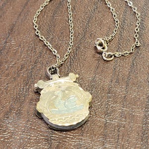 May include: A gold-toned metal pendant necklace featuring a shield-shaped charm with an engraved swan design. The pendant is suspended from a delicate link chain with a circular spring ring clasp, showcasing intricate decorative scrollwork details.