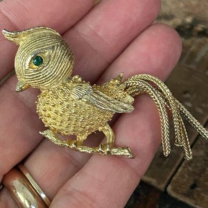 May include: A gold-tone bird brooch with a green rhinestone eye, perched on a twig with a long, braided tail.