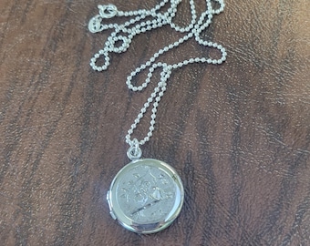 Vintage Sterling Silver Etched Locket on Sterling Chain, Round, Silver Lovebirds Locket, Hangs on 22 Inch Sterling Bathtub Bead Necklace