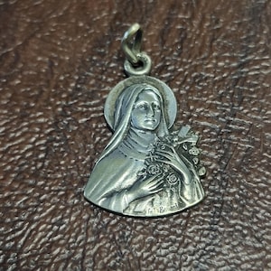 Vintage French St. Therese Medal, Figural Saint Teresa Medal, Silver Plated, &quot;Sainte Therese Priez Pour Nous&quot;