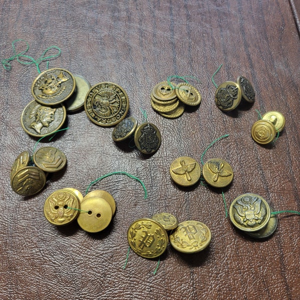 Vintage Lot of Uniform Buttons, Mixed Lot of Brass? Buttons, Military Buttons, 31 Buttons for Crafts or Assemblage Projects