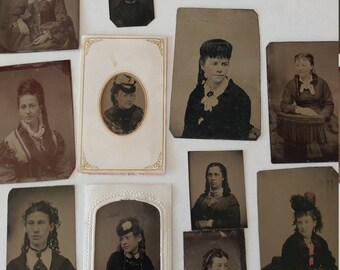 Queens of Curl:  Lot of 11 Antique Tintype Photographs of Women With Curly Hair