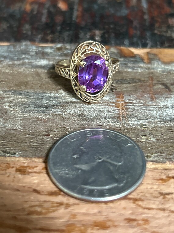 10K gold filigree and oval faceted amethyst ring … - image 6