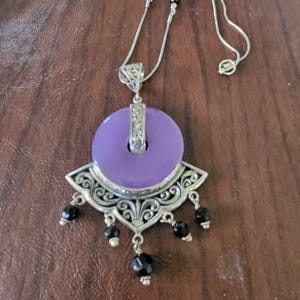 Vintage Sterling Silver and Lavender Jade Necklace, Purple Jade Donut Set in Sterling Setting, Chain Can Be Worn at 18 & 22 Inches in Length