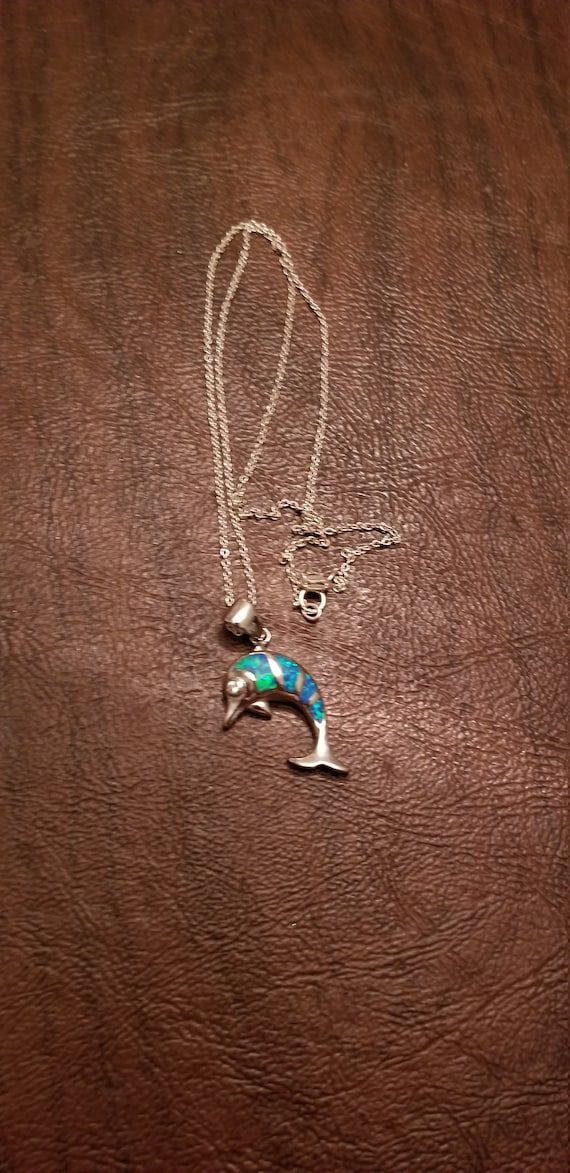 Pretty Sterling & Lab Created Opal Dolphin Neckla… - image 1