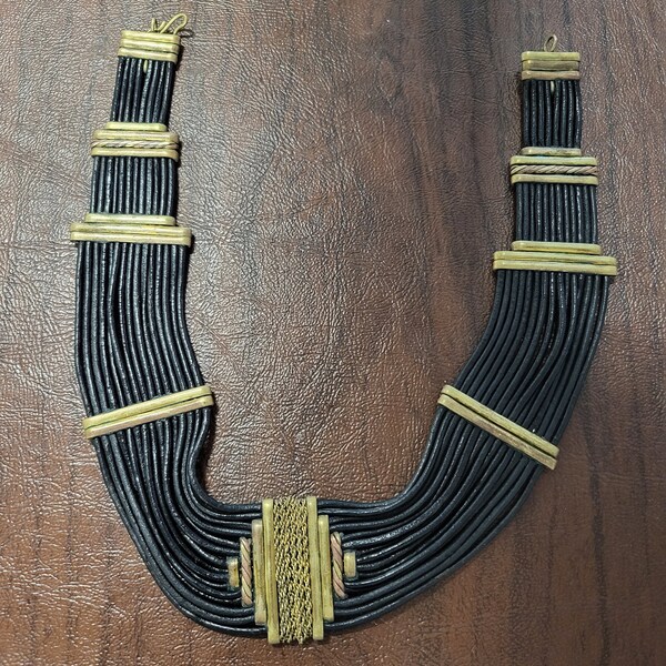 Vintage Alexis Kirk Leather & Mixed Metal Necklace, 1970's Tribal Style Necklace, Black Leather with Brass and Copper Accents