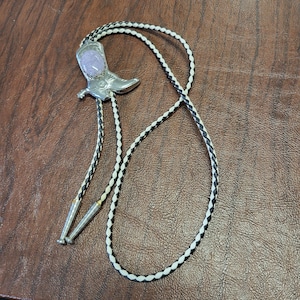 Vintage Southwestern Bolo Tie, Silver Tone and Two-Tone Leather Tie With Boot Medallion, Light Purple Lepidolite Stone
