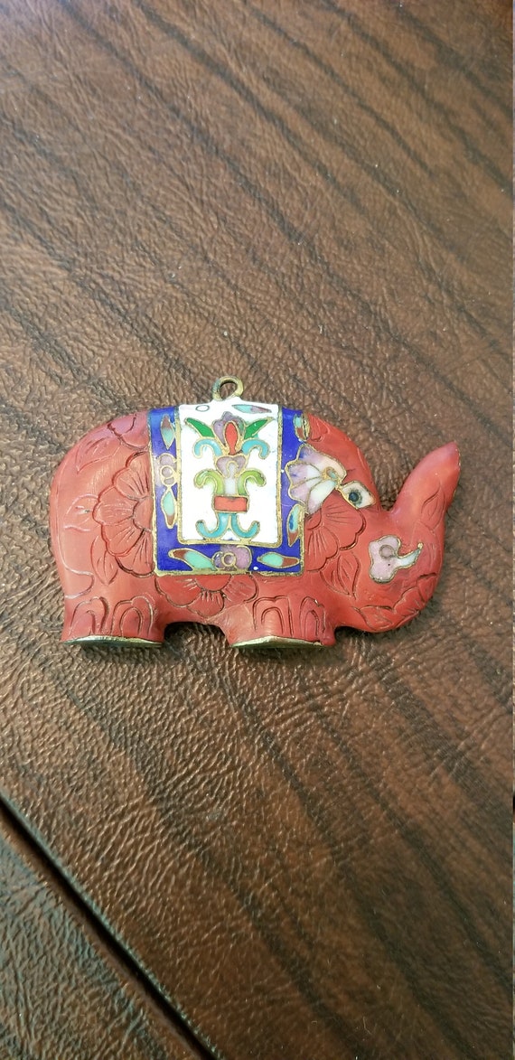 Cloisonne and Carved Cinnabar Elephant Pendant, Be