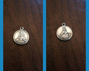 Vintage Italian 800 Silver Dual Religious Medal/Pendant/Charm, Sacred Heart of Jesus & Our Lady of Mount Carmel, Lovely Italian Silver Medal