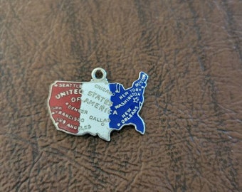 Wells Sterling Silver and Enameled United States Map Charm, Vintage Red, White and Blue US Map Charm, "God Bless America" Map Charm