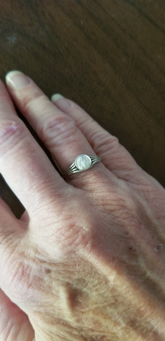 Vintage Sterling? French Virgin Mary Ring, Thin B… - image 1