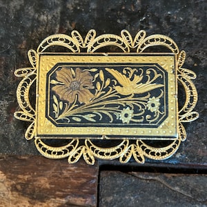 Damascene vintage rectangular gold tone and filigree pin/brooch with birds and flowers