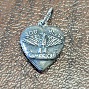 Vintage Sterling Silver &quot;God Bless America&quot; Puffy Heart Charm/Pendant, Antique Puffy Heart Charm with American Eagle, Original Patina
