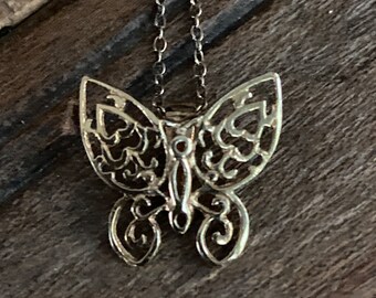 Filigree butterfly pendant necklace 925 sterling with gold overlay, 18 inch chain