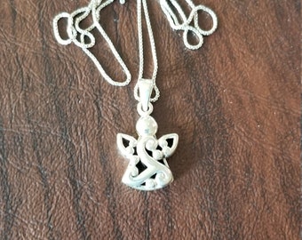 Pretty Sterling Silver Angel Pendant Necklace, Unique Open Cut Design, Christmas Pendant, Guardian Angel, Hangs on 16 Inch Sterling Chain