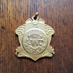 Vintage Belgian Art Medal, Gilt Bronze Medal, 1932 Ostende Festival Medal, Large Medal with Coat of Arms of Ostende