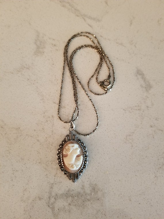 Vintage Sterling Silver and Marcasite Cameo Necklace Art Deco | Etsy