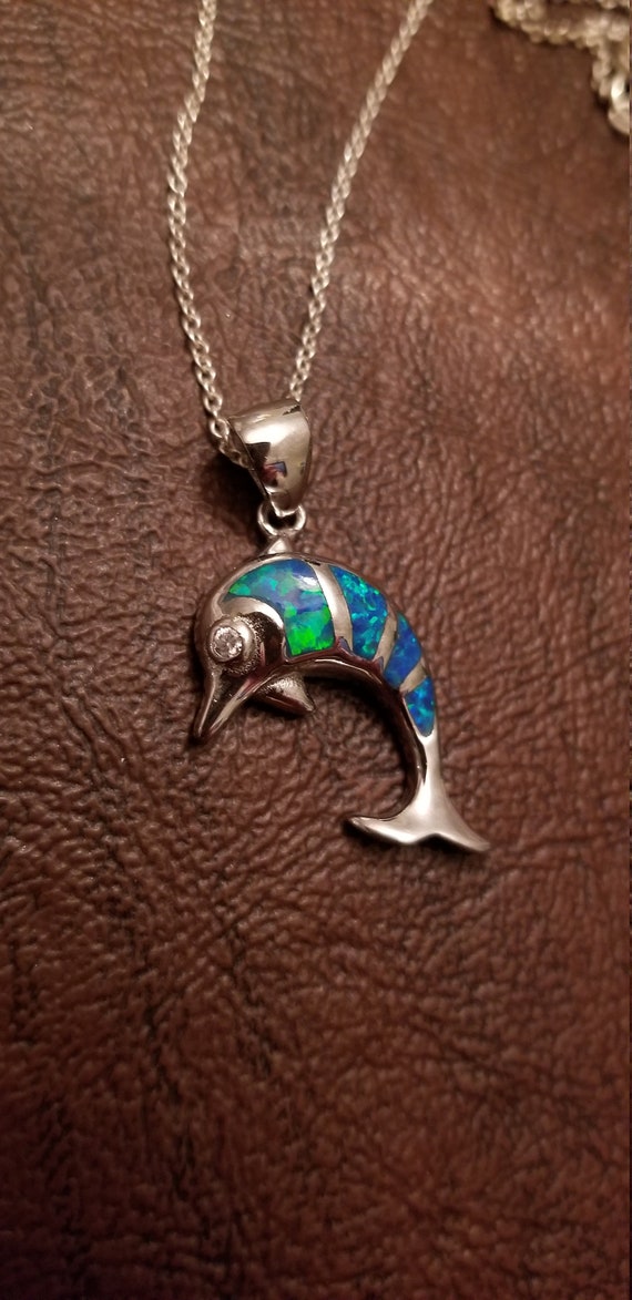 Pretty Sterling & Lab Created Opal Dolphin Neckla… - image 5