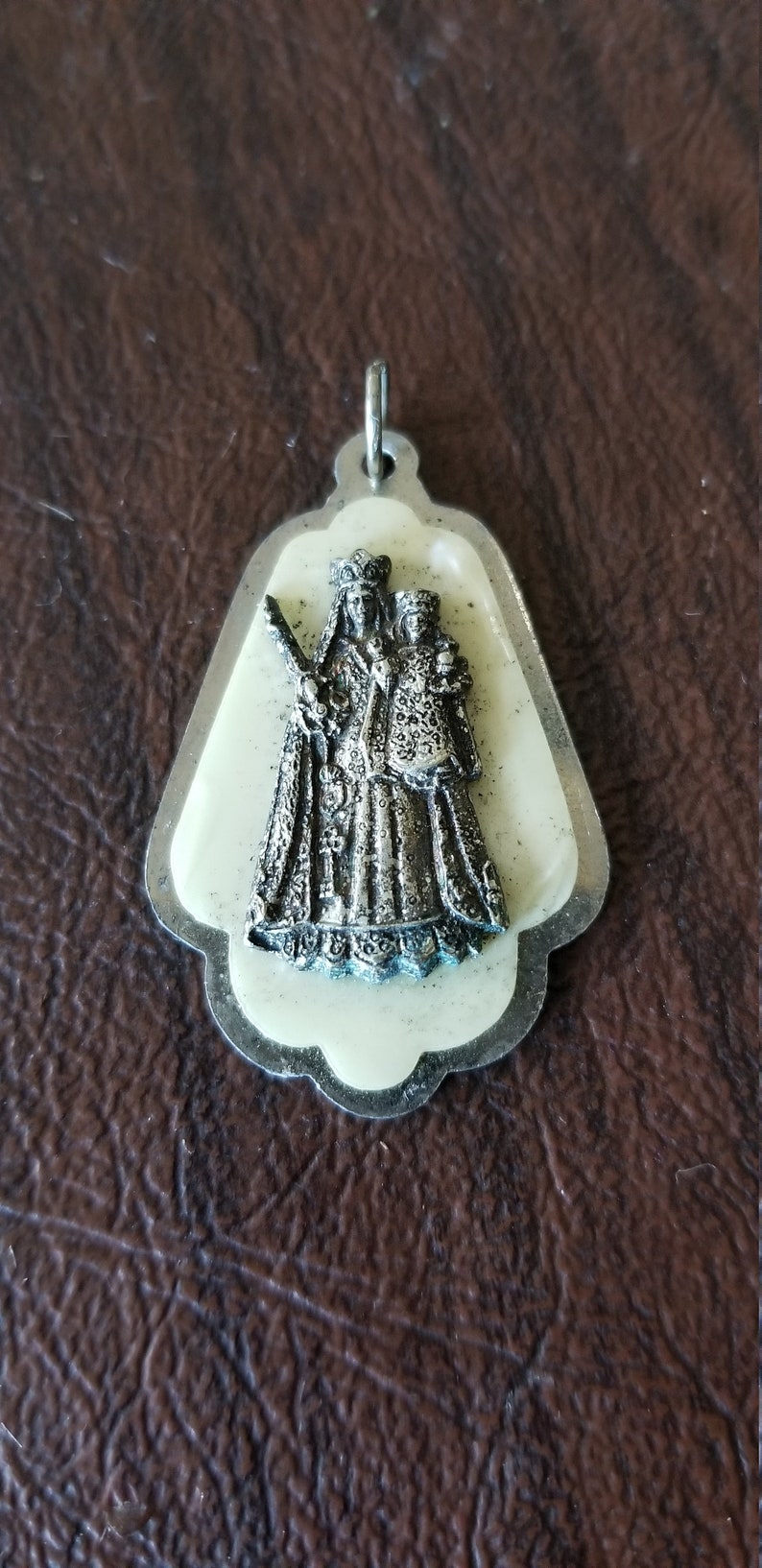 Vintage Italian Religious Medal Silver Metal and Celluloid Our Lady of Consolation MedalPendant