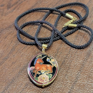 Vintage Cloisonne Unicorn Necklace, Pretty, Colorful Enameled Unicorn Pendant on 23.5 Inch Black Woven Cord with Gold-Toned Barrel Clasp