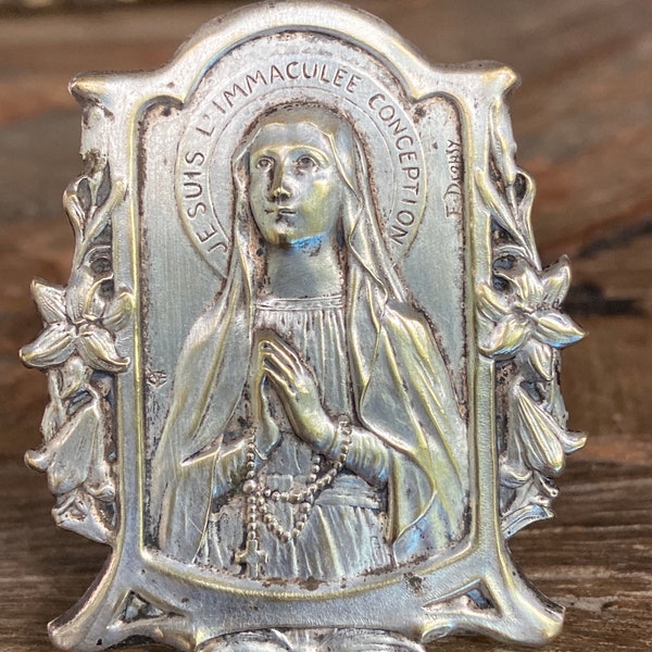 Antique signed E. Dropsy French souvenir Mary of Immaculate Conception travel shrine light metal easel picture
