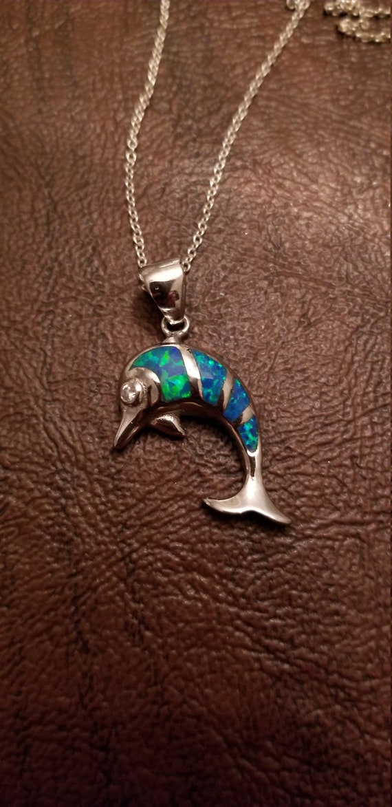 Pretty Sterling & Lab Created Opal Dolphin Neckla… - image 4
