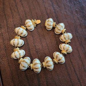 Vintage Joan Rivers Link Bracelet, Gold-Toned Metal Bracelet with White Enamel, Signed Designer Bracelet, 7.5 Inch Costume Bracelet