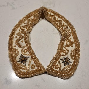 Vintage Faux Pearl Removable Collar from Japan, Beige Satin Fabric with Varying Shades of Beige Faux Pearls and Hook Closure