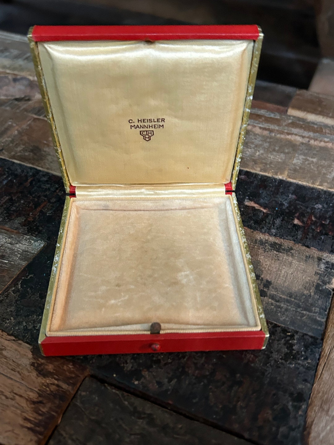 Antique Orangey Red and Gold Jewelry Presentation Box With Push Button From C. Heisler Mannheim