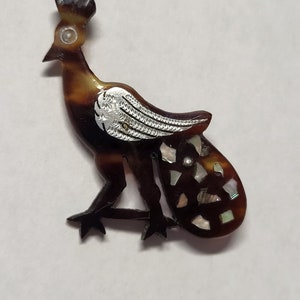 Vintage Peacock Brooch, Celluloid? Brooch, Shell? Faux Tortoise Brooch, Peacock Brooch with Silver Wing and Inlaid Abalone Shell Tail