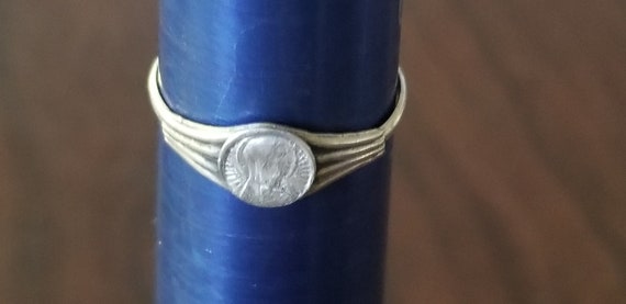 Vintage Sterling? French Virgin Mary Ring, Thin B… - image 3