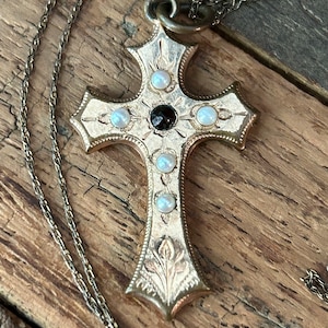 Victorian? Gold filled? rolled gold? antique cross with white (pearl?) & black settings, hangs on 20 inch 1/20 14K gold filled chain