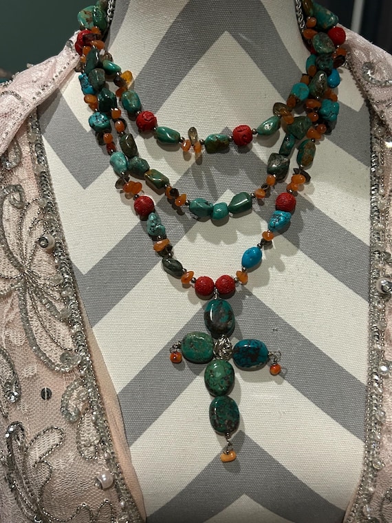 Turquoise? and other stones beaded 3 strand neckl… - image 1