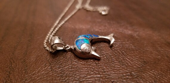 Pretty Sterling & Lab Created Opal Dolphin Neckla… - image 6