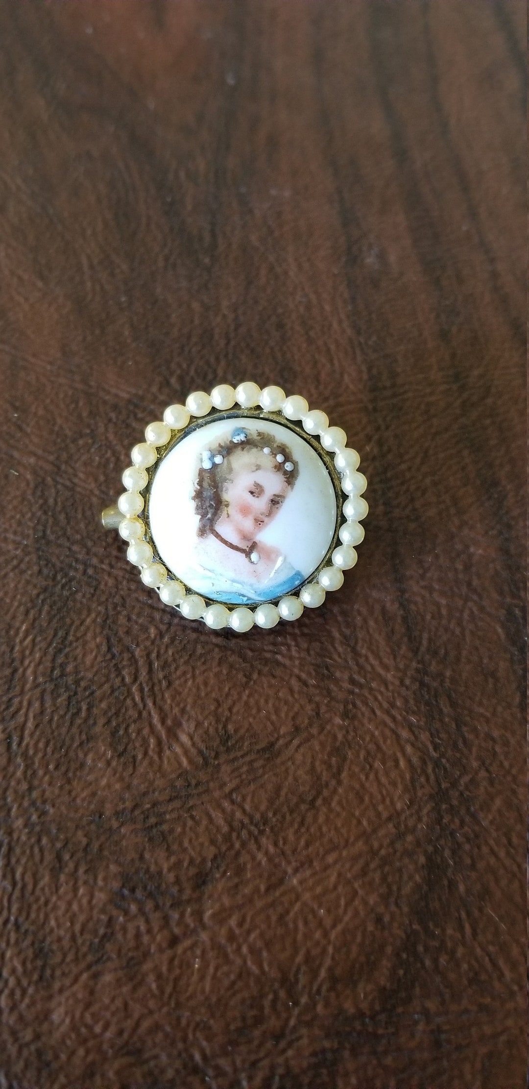 Small Vintage Limoge Brooch, Painted Porcelain Portrait Brooch From