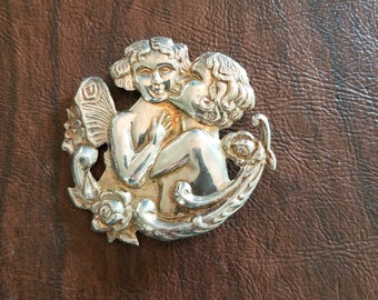 Vintage Sterling Silver Art Nouveau Style Cherub Brooch,  Silver Repousse Brooch Featuring Two Angels Embracing
