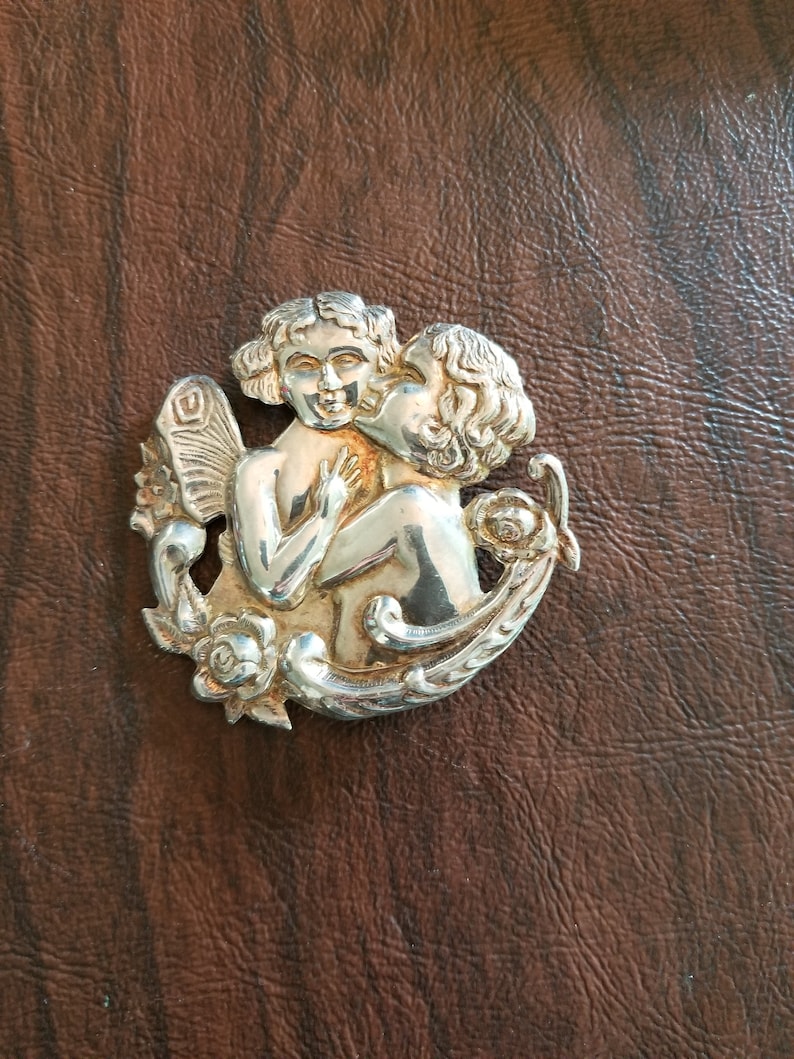 Antique Brooch - Art Nouveau Silver Cherub and Maiden Brooch