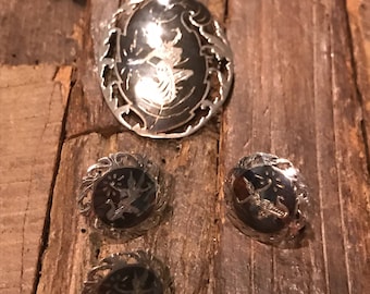 Vintage Siam sterling Niello brooch and matching screw back earrings plus a spare