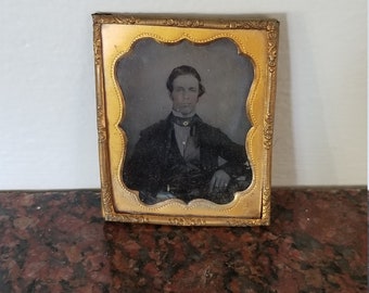 Gold Finger: Antique Tintype/Ambrotype Photograph in Gold Metal Embossed Frame,  Attractive Gentleman with Gold Tinted Ring & Accessories