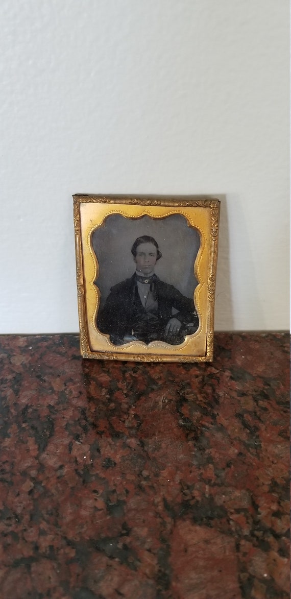Gold Finger: Antique Tintype/Ambrotype Photograph in Gold Metal Embossed Frame,  Attractive Gentleman with Gold Tinted Ring & Accessories