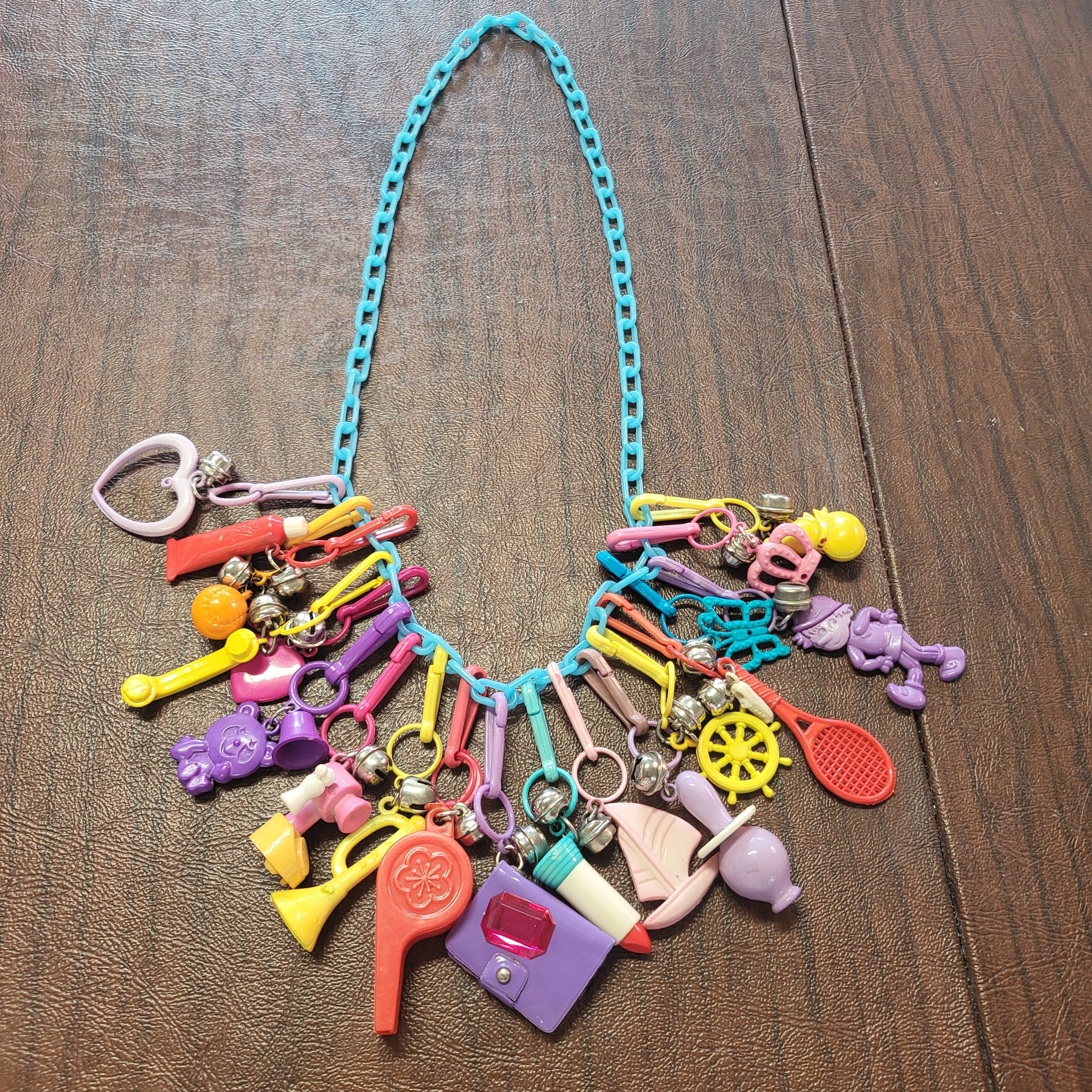 Vintage 1980's Bell Clip Plastic Charm Necklace, Blue Chain
