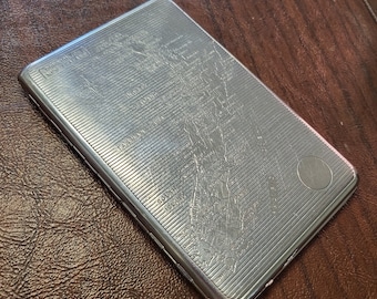 Vintage Emu Brand New Zealand Cigarette Case, "Sylva Chrome" Case Made in England, Map of New Zealand on Silver Chrome Cigarette Case