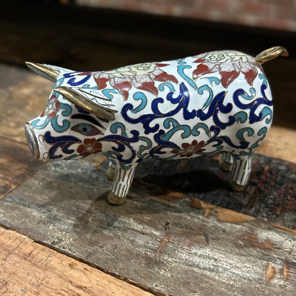 Cloisonné and brass multicolored pig figurine made in Beijing, China