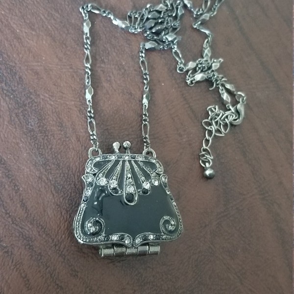 Vintage Enameled Locket Purse Necklace, Black Enameled and Jeweled Purse Pendant that Opens, Hangs from an 18-21 Inch Chain