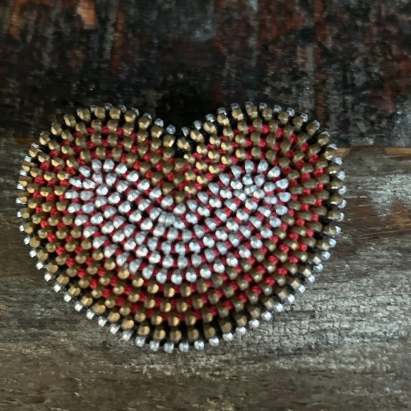 Vintage zippered heart pin, heart brooch made of zippers