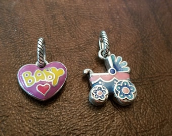Baby on the Way! Pretty Pair of Brighton Bracelet or Necklace Charms, Silver Plated Charms, Enameled Baby Heart Charm & Baby Carriage Charm